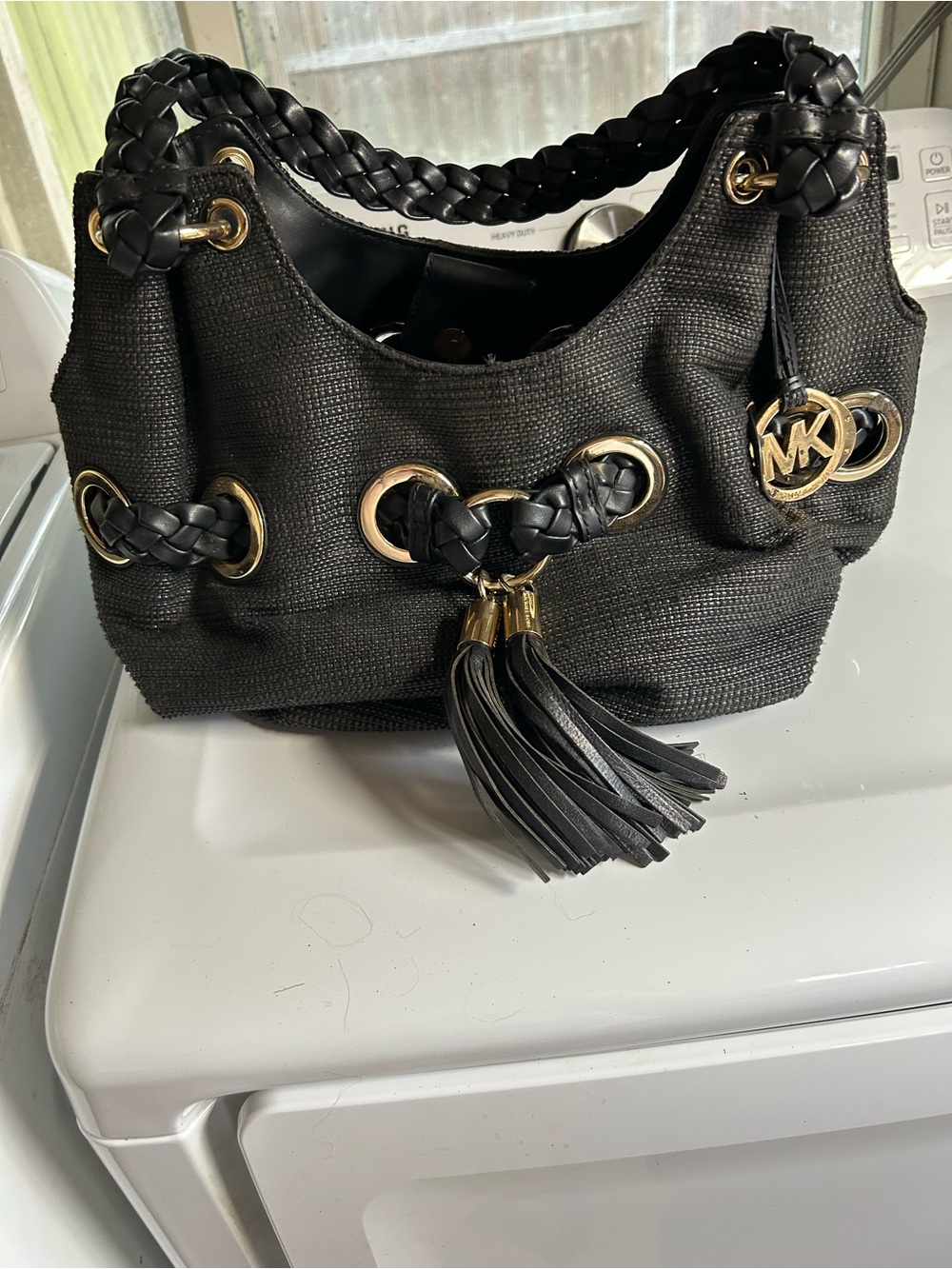 MICHAEL Michael Kors Carlton Large Black Straw Hobo Bag Braided Leather Tassel